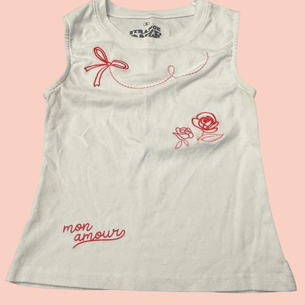 Strange Daze Mon Amour Embroidered Bow Rose White Cotton Tank Top Small Coquette